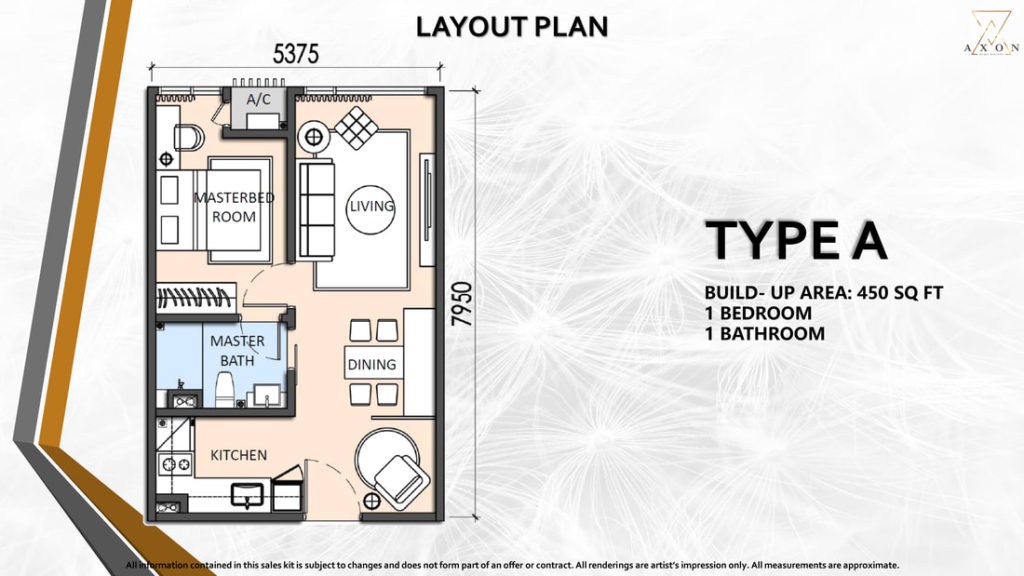 1 bedroom, 1 bathroom, 450 sq. ft.