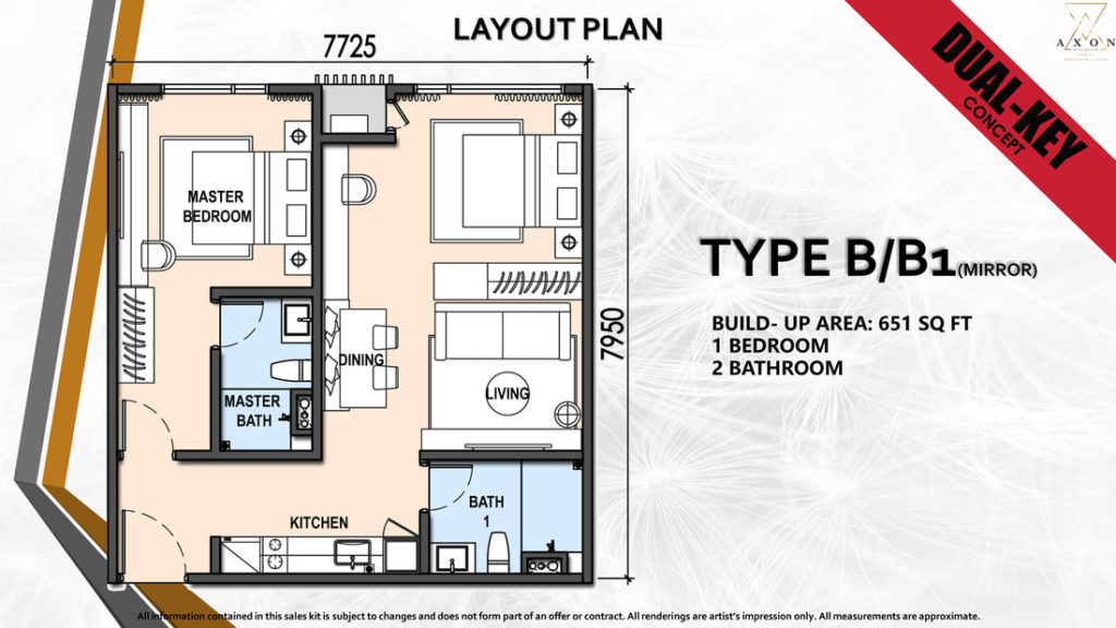 1 bedroom, 2 bathroom, 651 sq. ft.