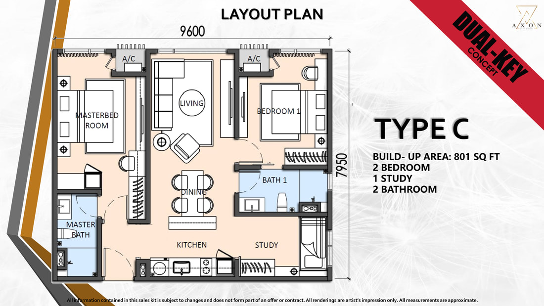2 bedroom, 1 study, 2 bathroom, 801 sq. ft.