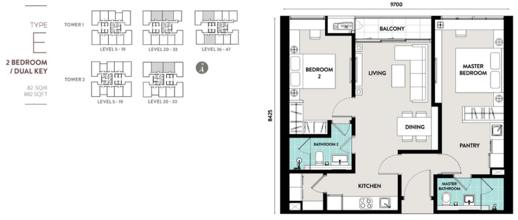 2 Bedrooms Dual key layout - 882 sq ft 
