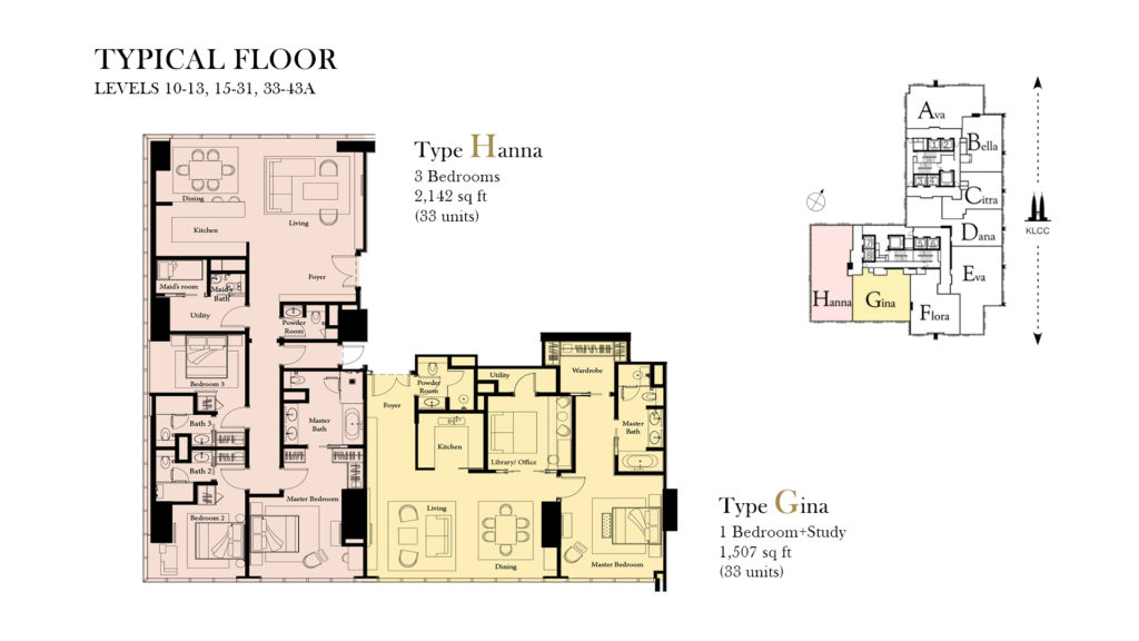 3 bedrooms, 2,142 sq ft unit size
