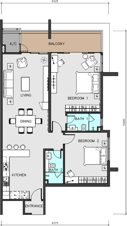 2 bedroom, 2 bathroom (1,367 sq. ft.)