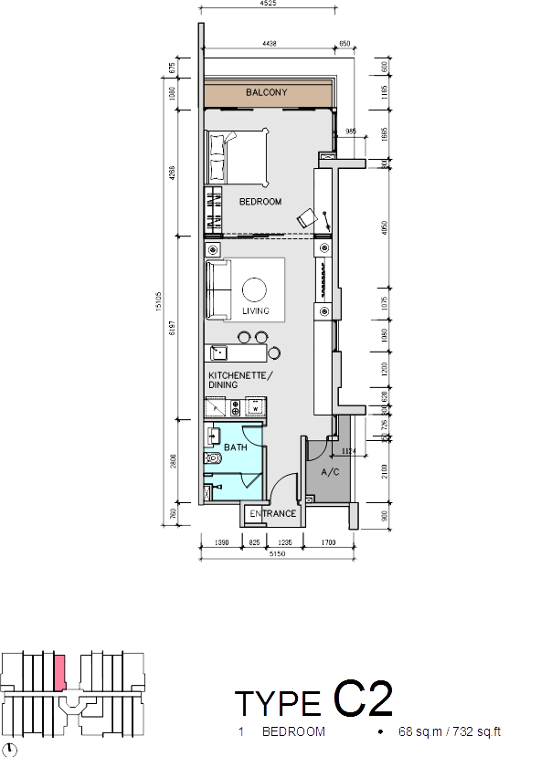 1 bedroom, 1 bathroom (732 sq. ft.)