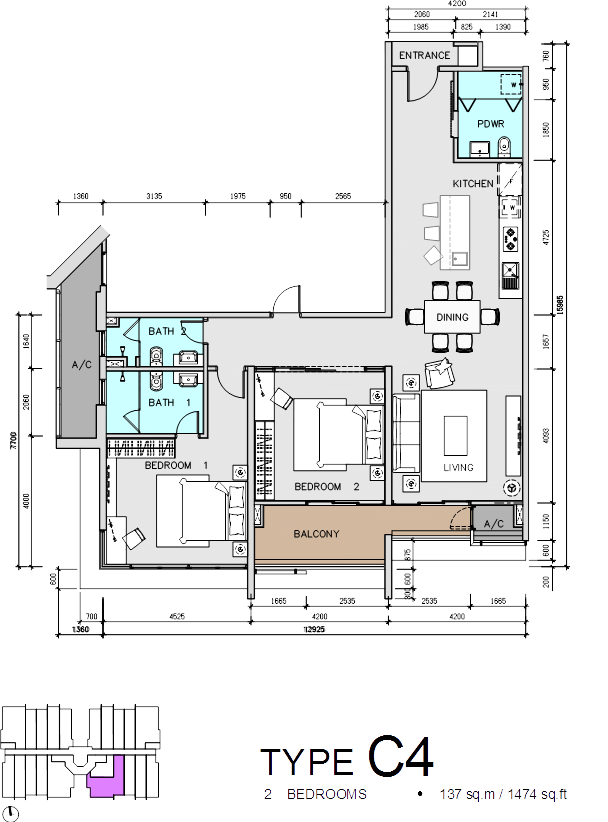 2 bedroom, 2 bathroom, 1 powder room (1,474 sq. ft.)