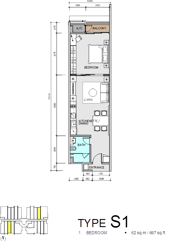 1 bedroom, 1 bath (667 sq. ft.)