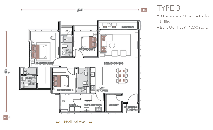 Built up area 1,550 sq ft - 3 bedrooms