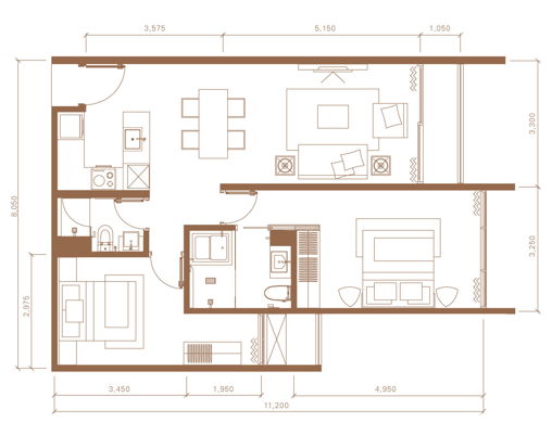 2 bedrooms and 2 bathrooms with built-up area 871 sq ft