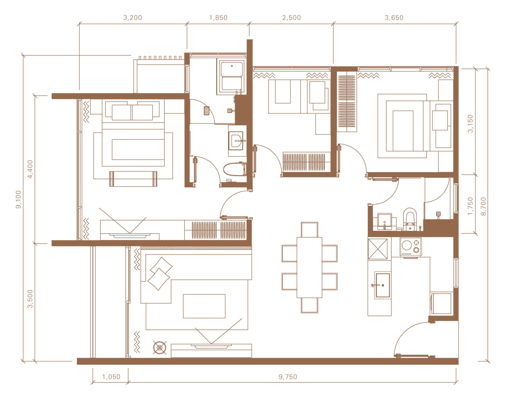 3 bedrooms and 2 bathrooms with built-up area 1,031 sq ft