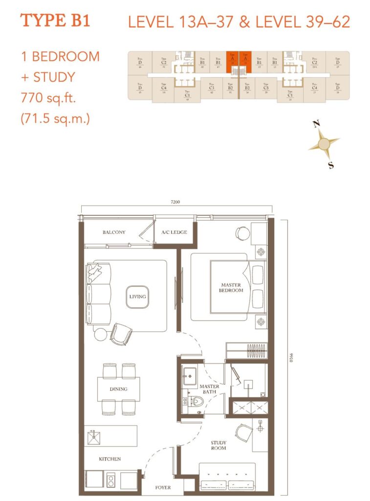 Pavilion Square floor plan: Built-up 770 sq ft - 1 bedroom + study 