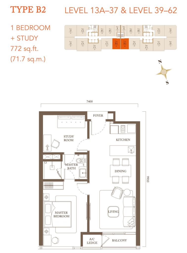 Pavilion Square floor plan: Built-up 772 sq ft - 1 bedroom + study 