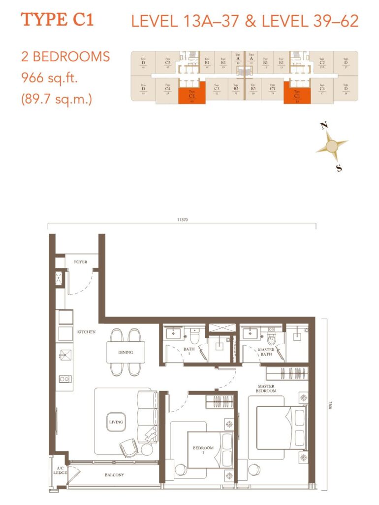 Pavilion Square floor plan: Built-up 966 sq ft - 2 bedrooms 