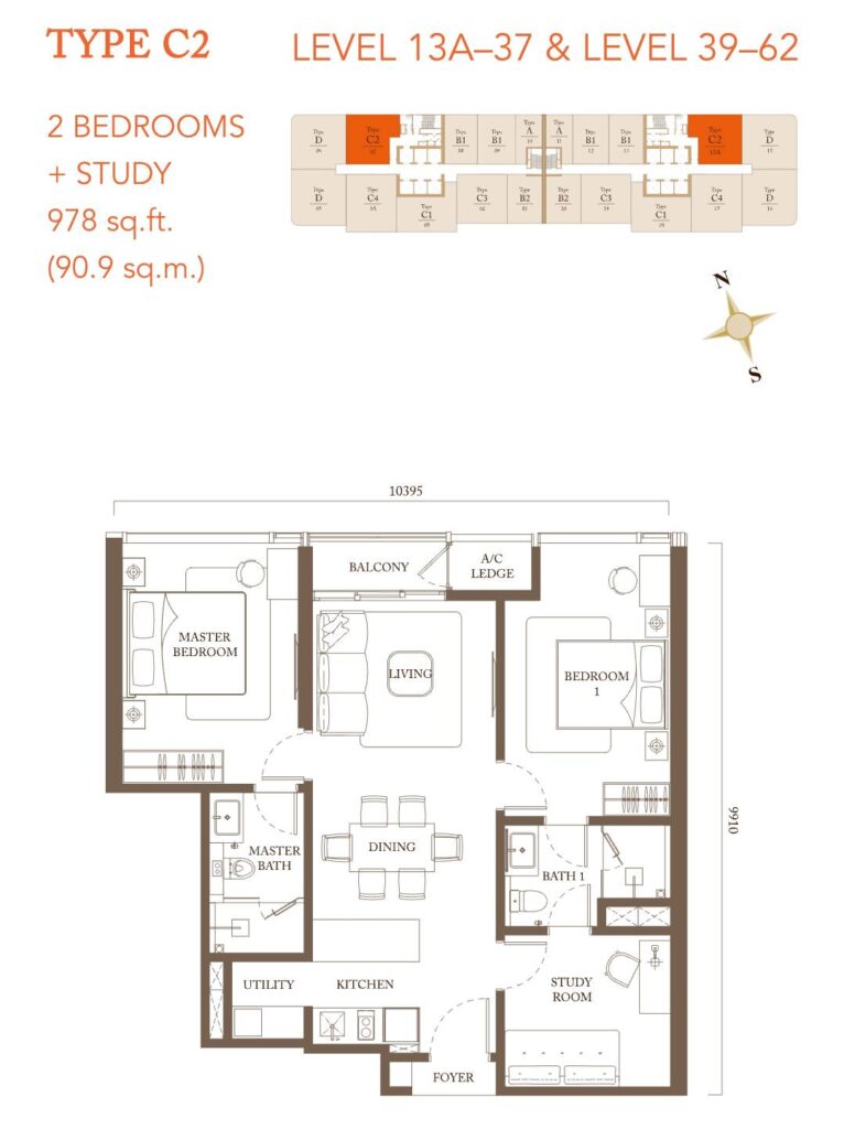 Pavilion Square floor plan: Built-up 978 sq ft - 2 bedrooms + study
