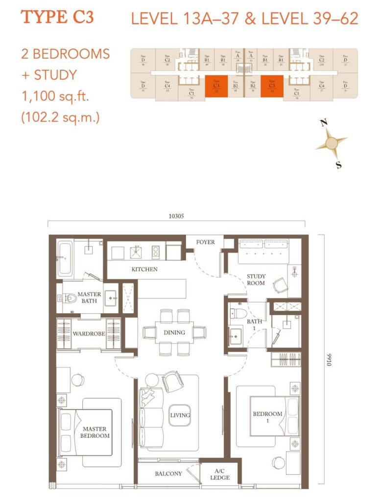 Pavilion Square floor plan: Built-up 1,100 sq ft - 2 bedrooms + study