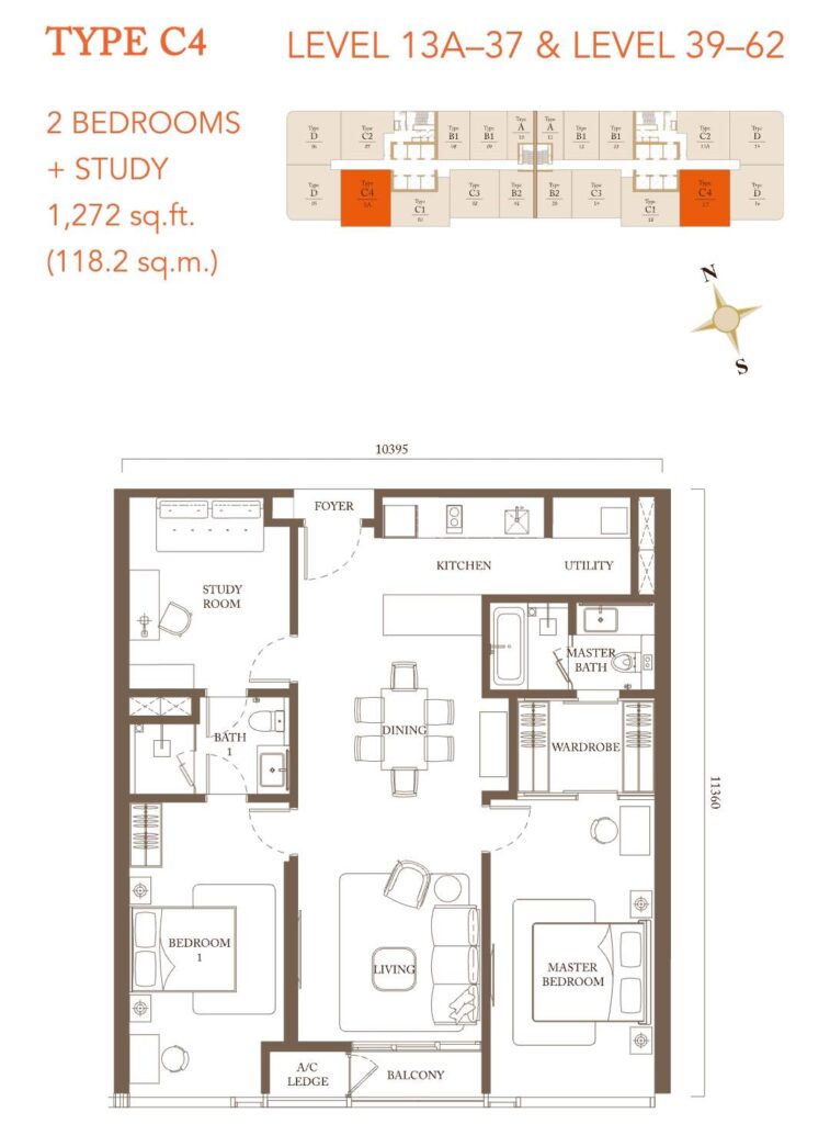 Pavilion Square floor plan: Built-up 1,272 sq ft - 2 bedrooms + study