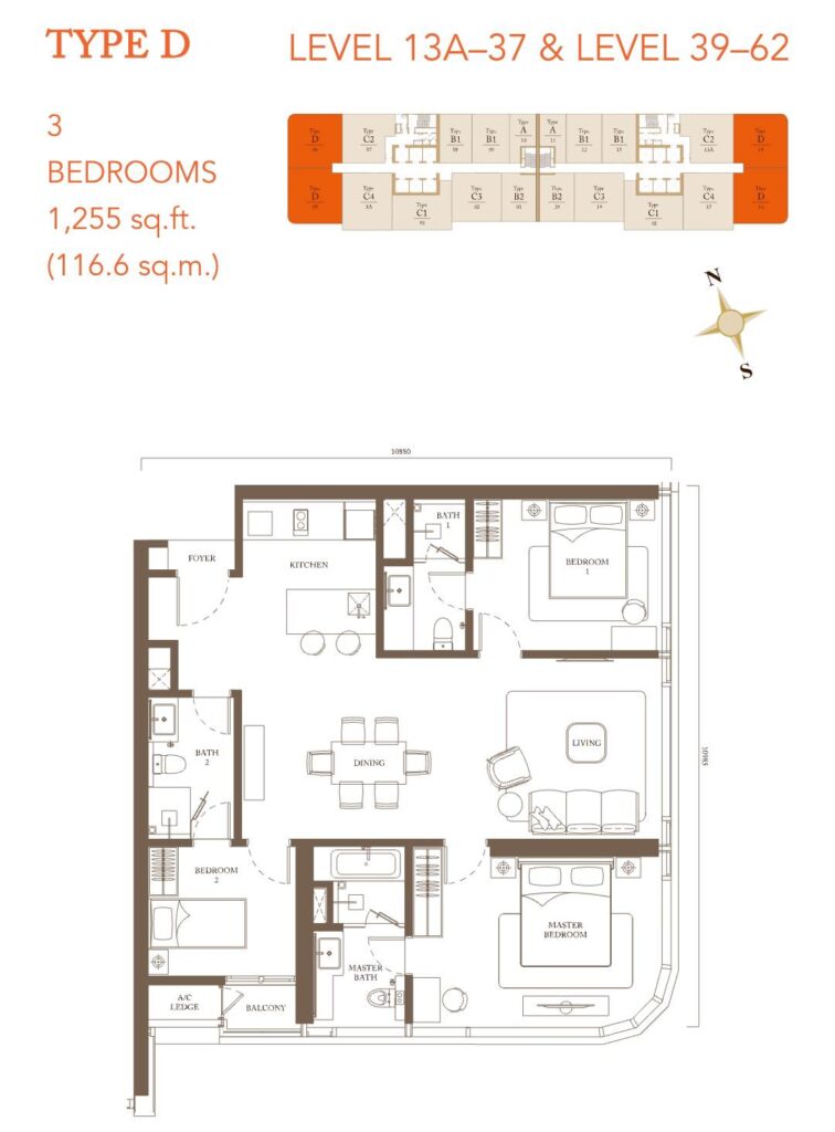 Pavilion Square floor plan: Built-up 1,255 sq ft - 3 bedrooms