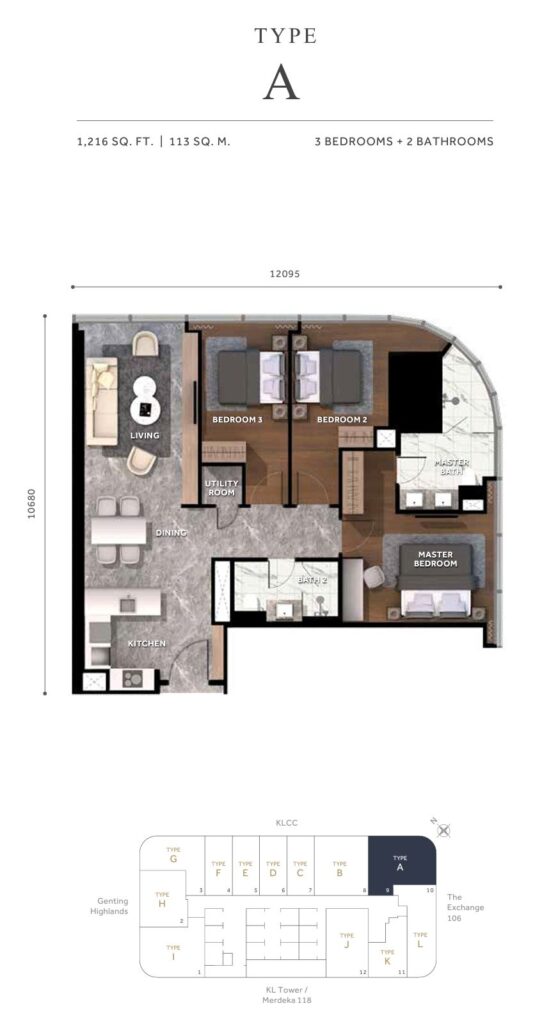 Clouthaus Residences Floor Plan - 1,216 sq ft in 3 bedrooms + 2 bathrooms layout 