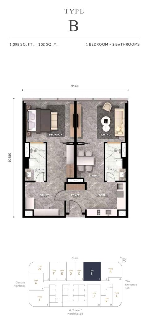 Clouthaus Residences Floor Plan - 1,098 sq ft in 1 bedroom + 2 bathrooms layout 