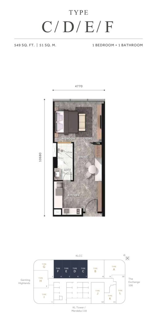 Clouthaus Residences Floor Plan - 549 sq ft in 1 bedroom + 1 bathroom layout 