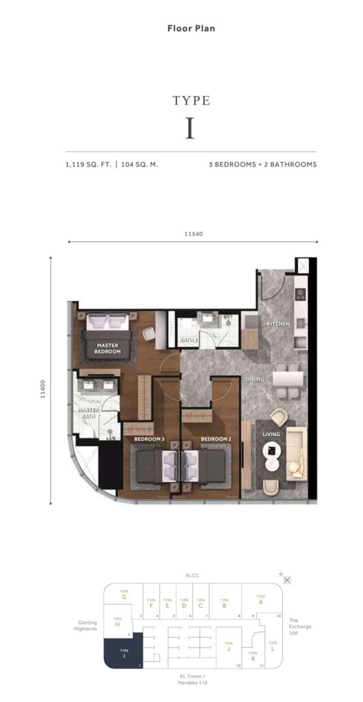 Clouthaus Residences Floor Plan - 1,119 sq ft in 3 bedrooms + 2 bathrooms layout 