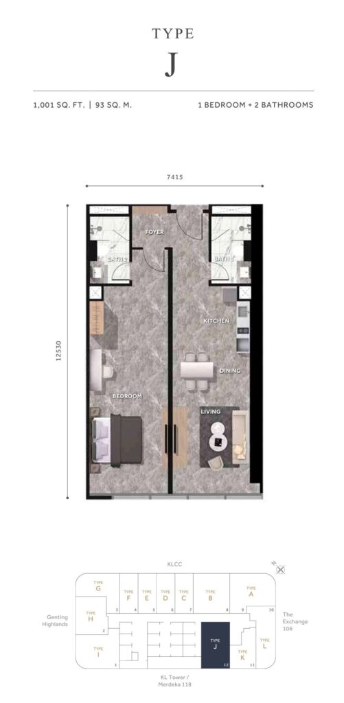 Clouthaus Residences Floor Plan - 1,001 sq ft in 1 bedroom + 2 bathrooms layout 