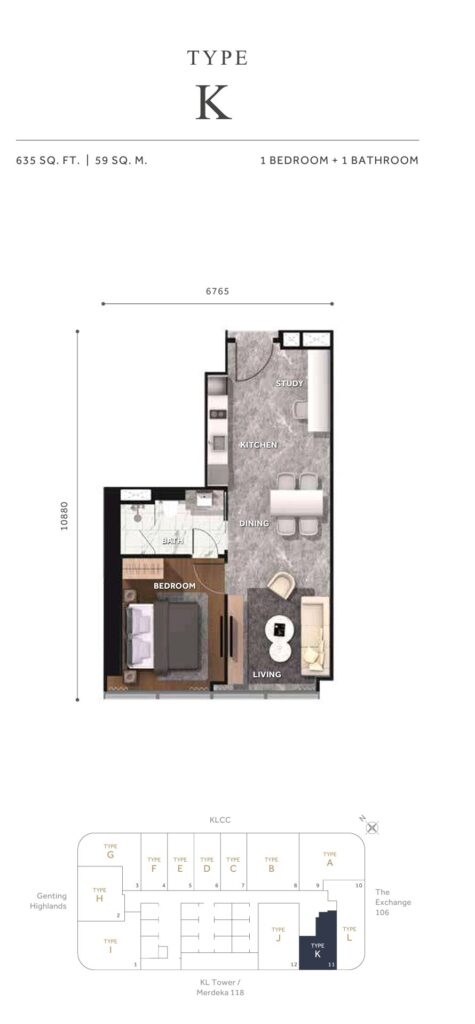 Clouthaus Residences Floor Plan - 635 sq ft in 1 bedroom + 1 bathroom layout 