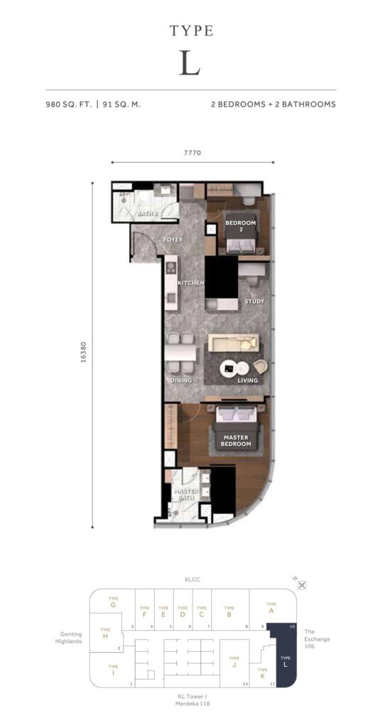 Clouthaus Residences Floor Plan,  Built-up 980 sq ft in 2 bedrooms + 2 bathrooms layout 
