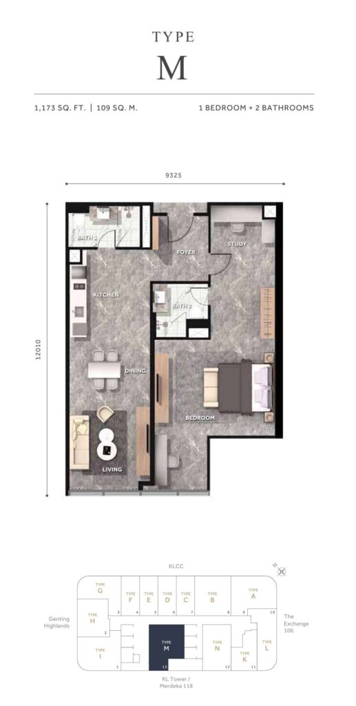 Clouthaus Residences Floor Plan - 1,173sq ft built-up in 1 bedroom + 2 bathrooms layout 
