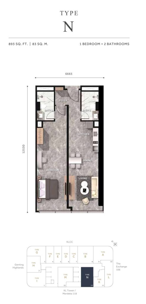Clouthaus Residences Floor Plan - 893 sq ft built-up in 1 bedroom + 2 bathrooms layout 